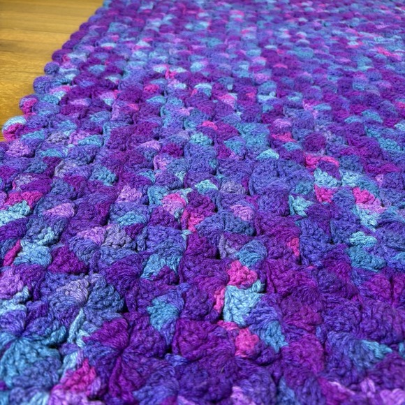 Handmade Crochet Blue Purple Pink Granny Square Style Retro Afghan Blanket VTG - Picture 2 of 8